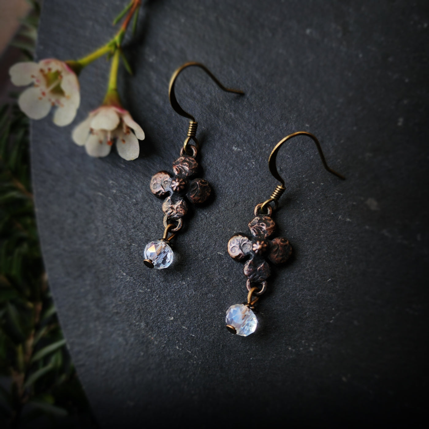 clover earrings : iridescent glass & antiqued bronze