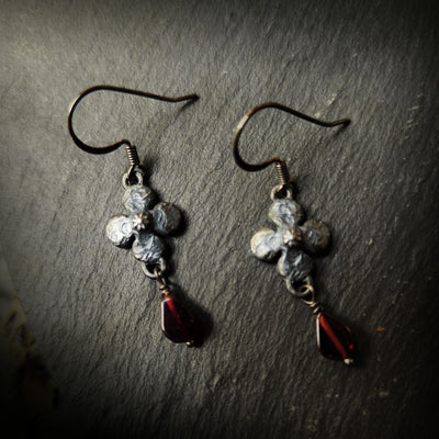 clover earrings : garnet & antiqued sterling