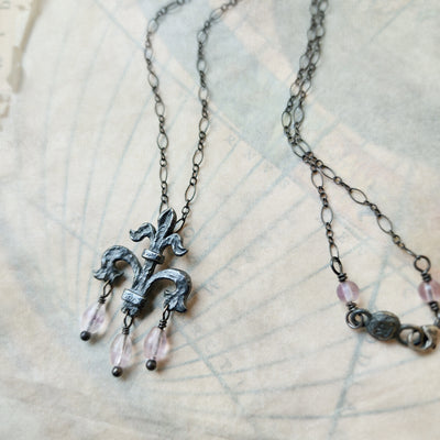 fleur de lis amulet - antiqued sterling with three fluorite beads