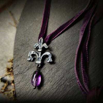 fleur de lis amulet - antiqued sterling with amethyst/ametrine quartz