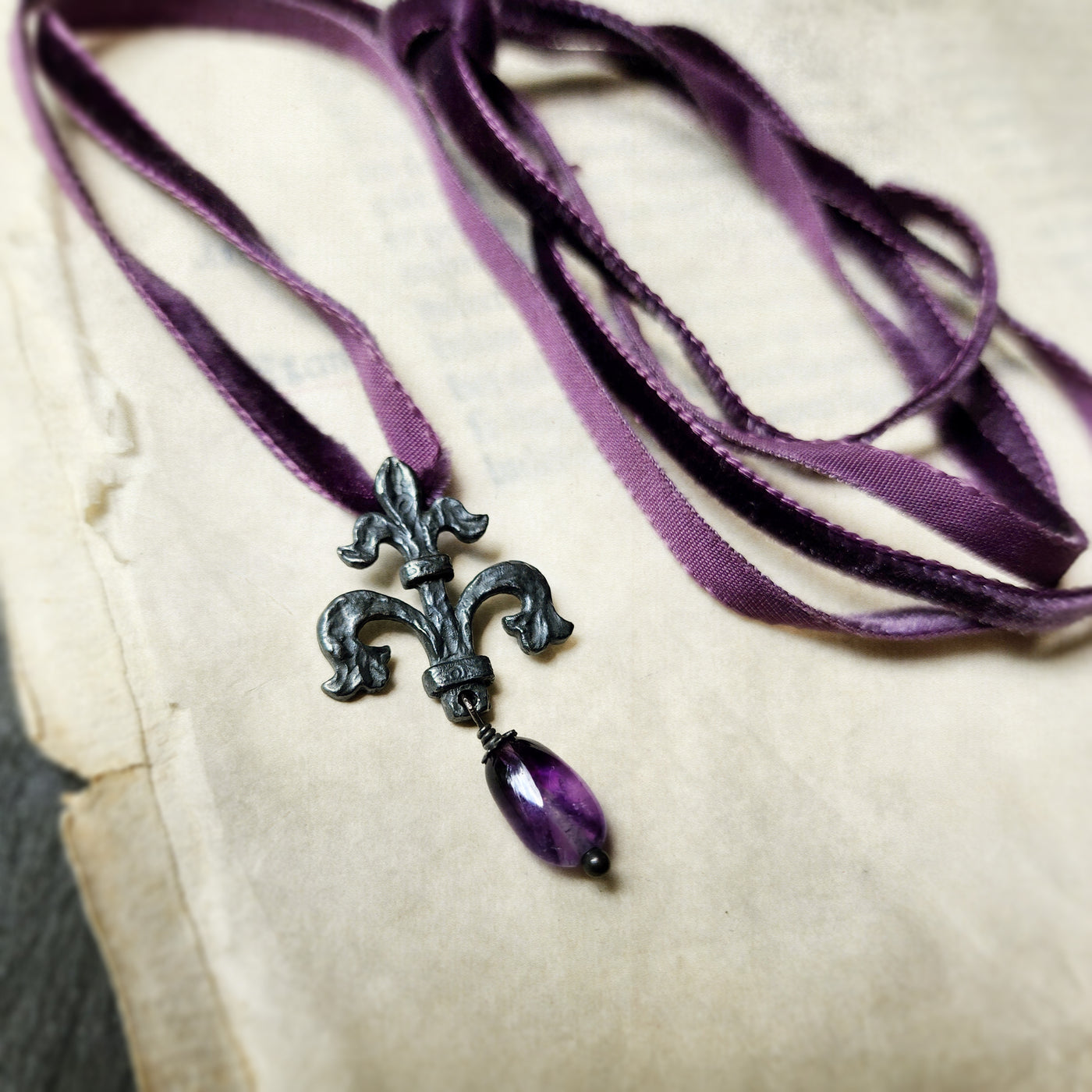 fleur de lis amulet - antiqued sterling with amethyst/ametrine quartz