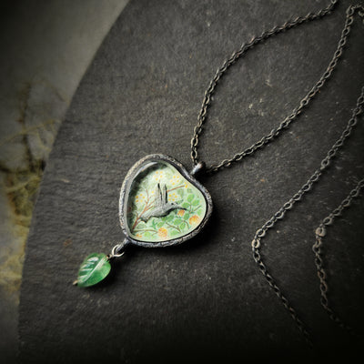 hummingbird garden - enameled pictorial heart amulet