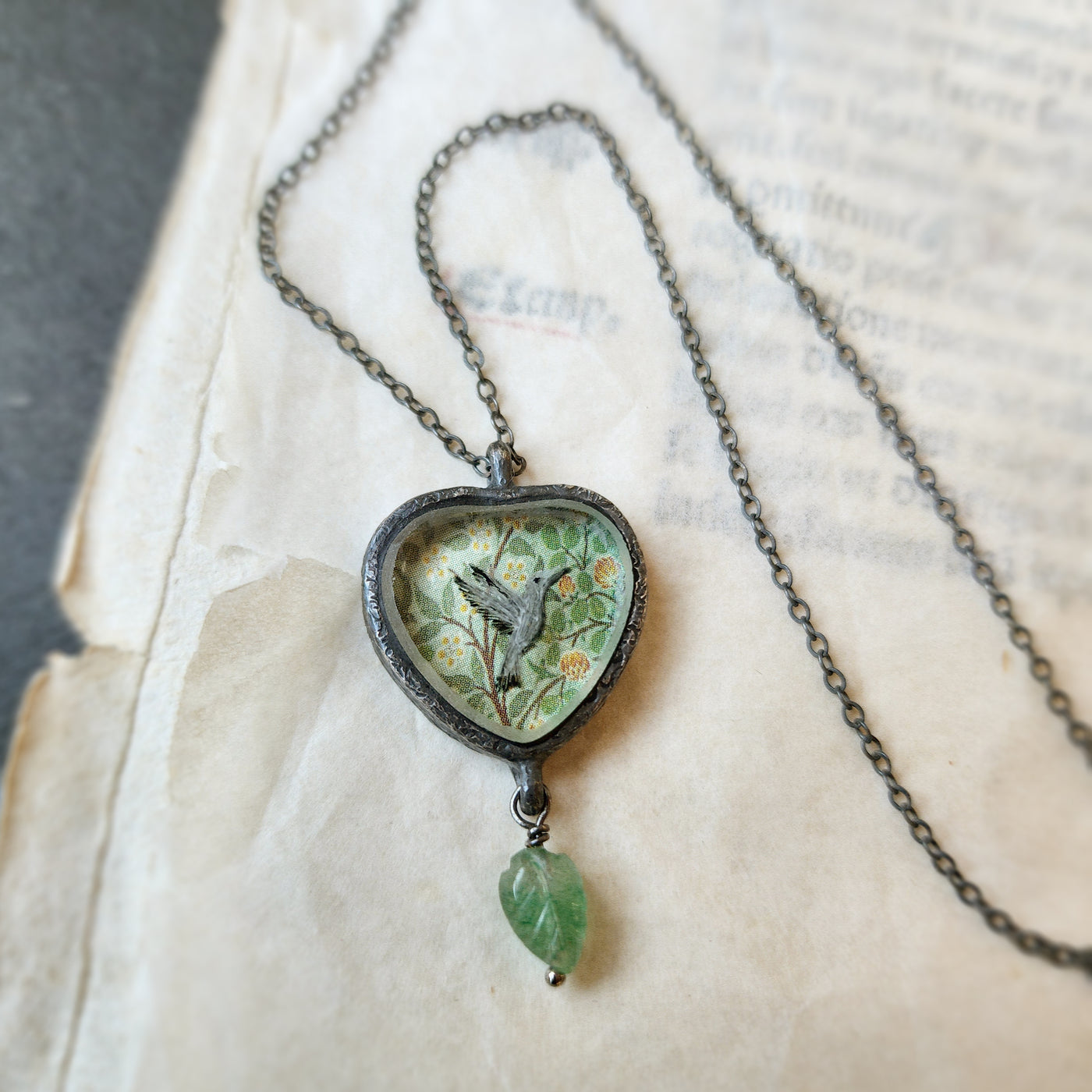 hummingbird garden - enameled pictorial heart amulet