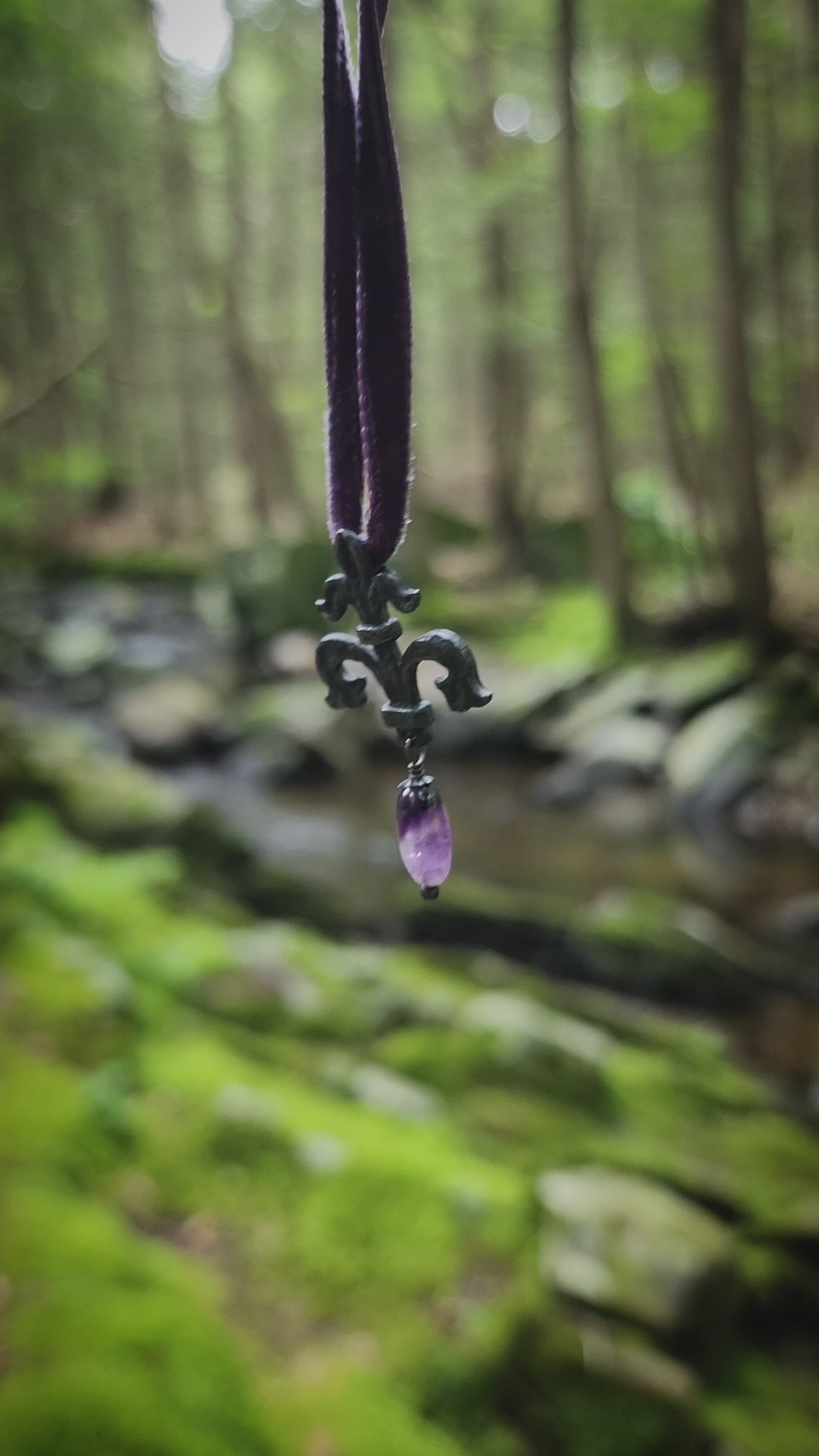 fleur de lis amulet - antiqued sterling with amethyst/ametrine quartz