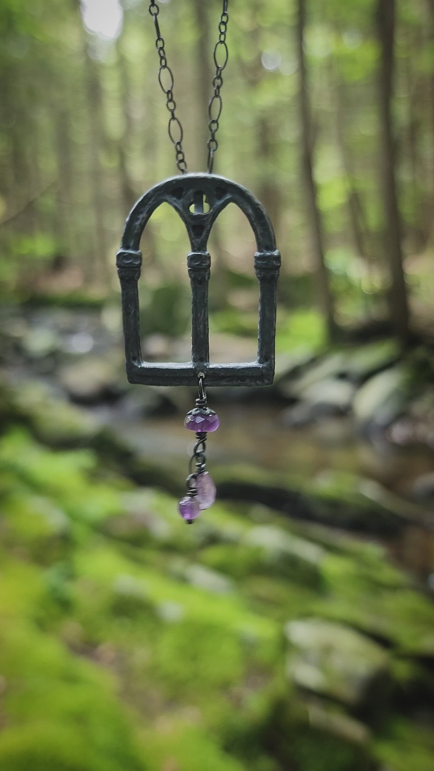 queen isabella window amulet - antiqued sterling with amethyst quartz