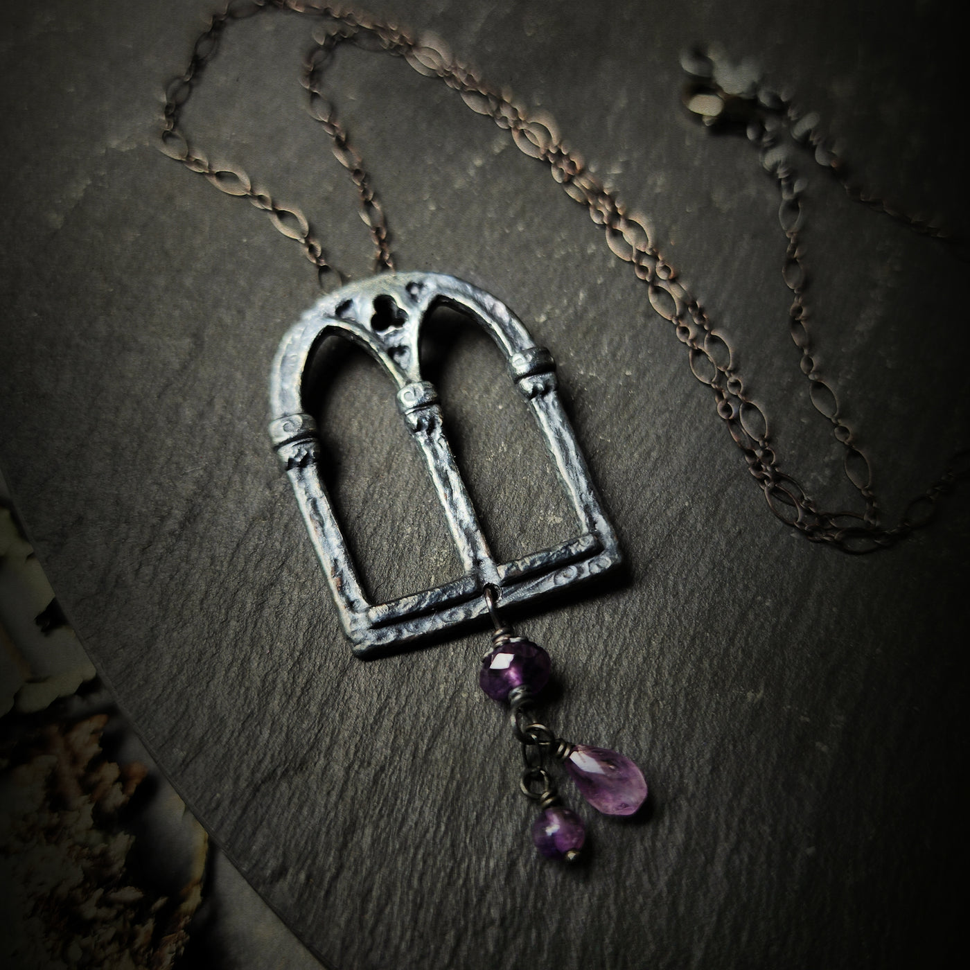 queen isabella window amulet - antiqued sterling with amethyst quartz