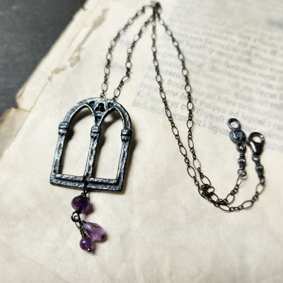 queen isabella window amulet - antiqued sterling with amethyst quartz